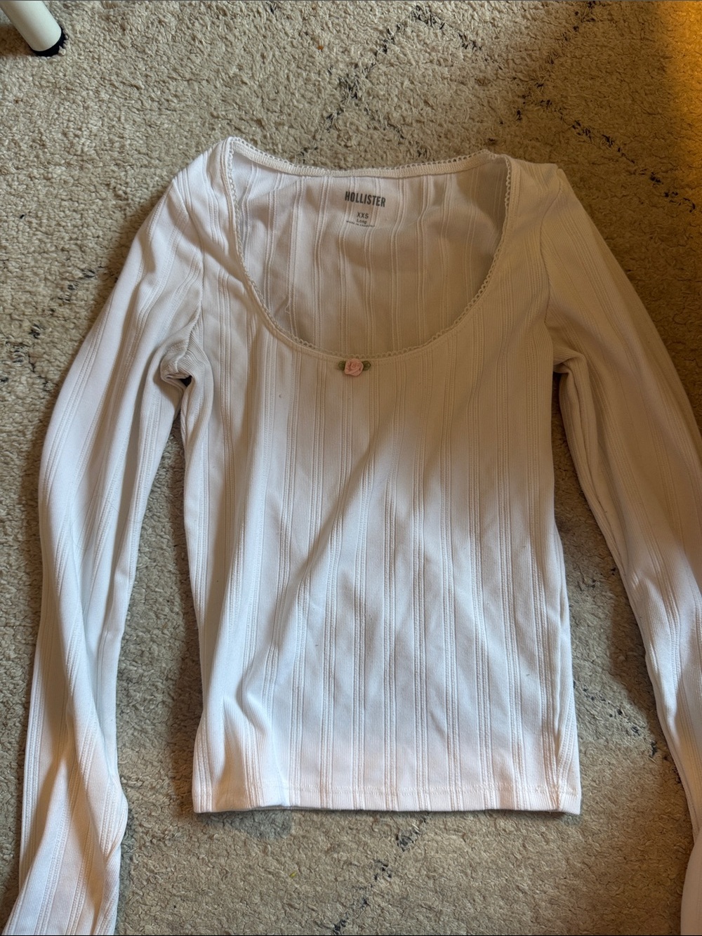 Hollister Long Sleeve Ribbed Scoop Neck Top - Soft White with Pink Rose Accent